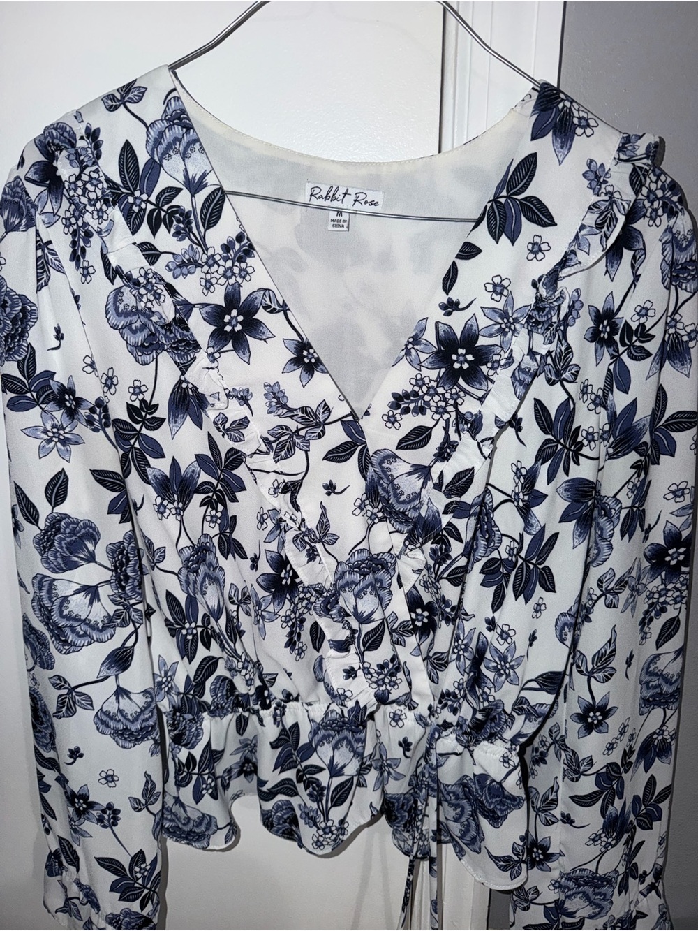 Rabbit Rose Blue & White Floral Wrap Blouse
